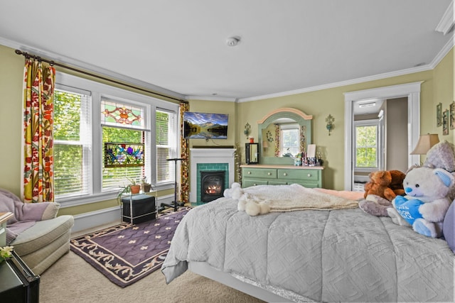 3375 Stark Rd NE, Cambridge Twp, MN 55008 - carpeted bedroom with crown molding and a warm lit fireplace