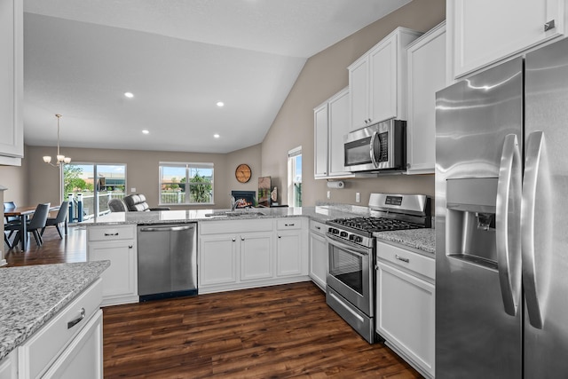 8506 Titanium Cir, Woodbury, MN 55129 - kitchen featuring appliances with stainless steel finishes, vaulted ceiling, plenty of natural light, recessed lighting, and a peninsula