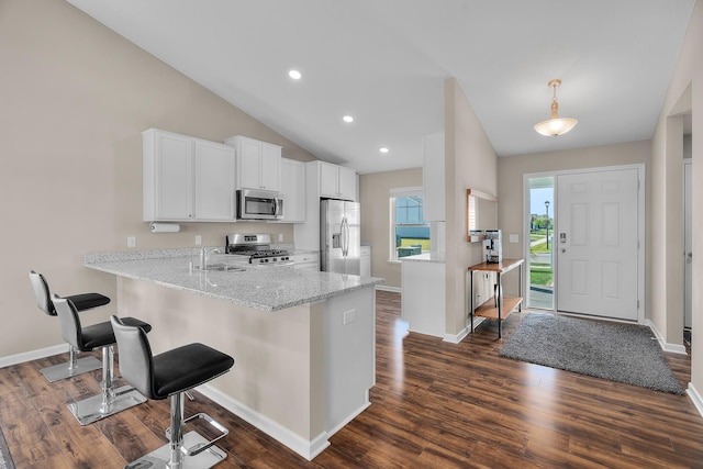 8506 Titanium Cir, Woodbury, MN 55129 - kitchen with stainless steel appliances, a peninsula, baseboards, dark wood-type flooring, and vaulted ceiling