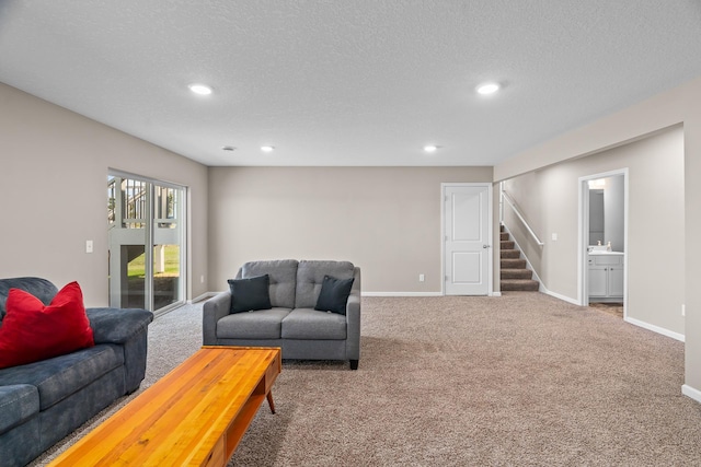 8506 Titanium Cir, Woodbury, MN 55129 - living room with carpet flooring, stairway, recessed lighting, baseboards, and a textured ceiling