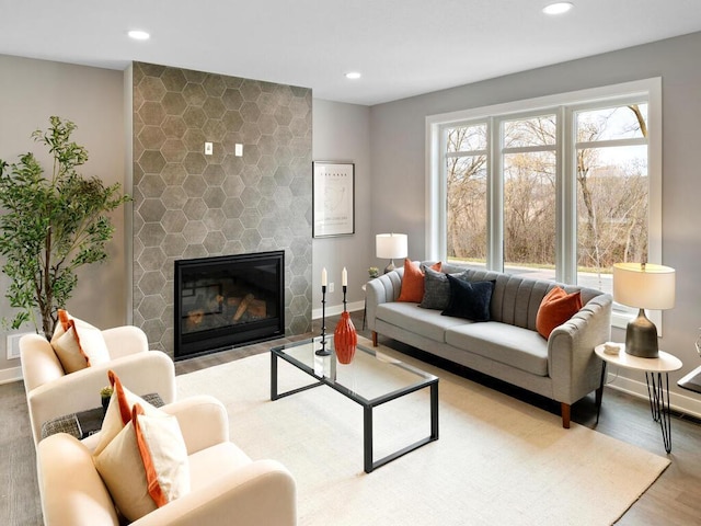 14913 Oakwood Dr, Burnsville, MN 55306 - living area featuring baseboards, wood finished floors, a fireplace, and recessed lighting
