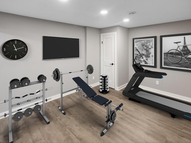 14913 Oakwood Dr, Burnsville, MN 55306 - exercise area with baseboards, wood finished floors, and recessed lighting