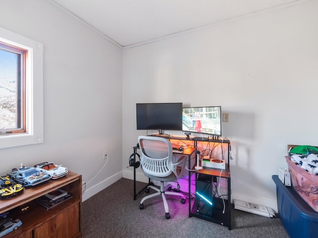 carpeted office with crown molding, baseboards, and a healthy amount of sunlight
