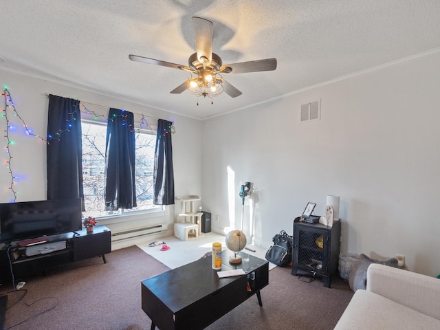 carpeted living area featuring a baseboard radiator, a textured ceiling, visible vents, and a ceiling fan