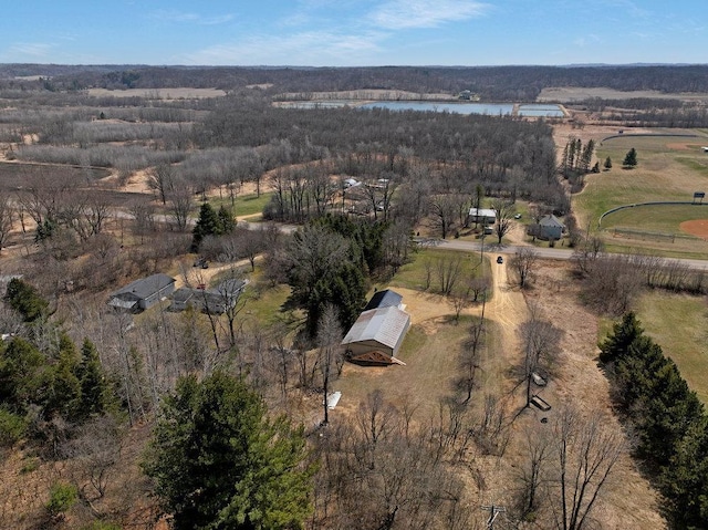 bird's eye view featuring a water view and a rural view