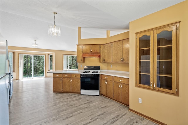 17813 224th Ave NW, Big Lake, MN 55309 - kitchen featuring gas range, under cabinet range hood, brown cabinetry, lofted ceiling, and light countertops