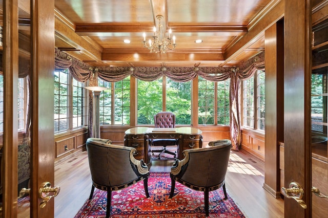 4325 Trillium Ln W, Minnetrista, MN 55364 - home office with wood finished floors, crown molding, a chandelier, a wood ceiling with exposed beams, and recessed lighting