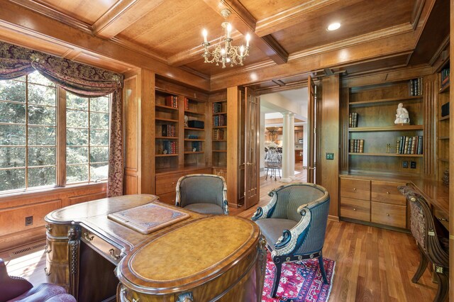 4325 Trillium Ln W, Minnetrista, MN 55364 - office space with a wood ceiling with exposed beams, ornamental molding, built in features, ornate columns, and wood walls
