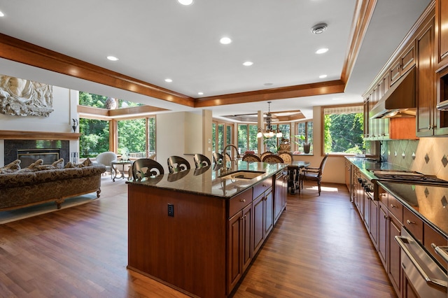 4325 Trillium Ln W, Minnetrista, MN 55364 - kitchen with a tray ceiling, dark stone counters, a kitchen island with sink, dark wood-type flooring, and open floor plan