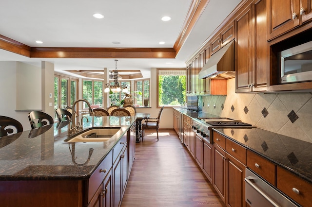 4325 Trillium Ln W, Minnetrista, MN 55364 - kitchen featuring stainless steel appliances, under cabinet range hood, dark wood-style flooring, decorative backsplash, and ornamental molding