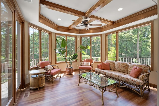 4325 Trillium Ln W, Minnetrista, MN 55364 - sunroom featuring wood finished floors, plenty of natural light, beamed ceiling, and coffered ceiling