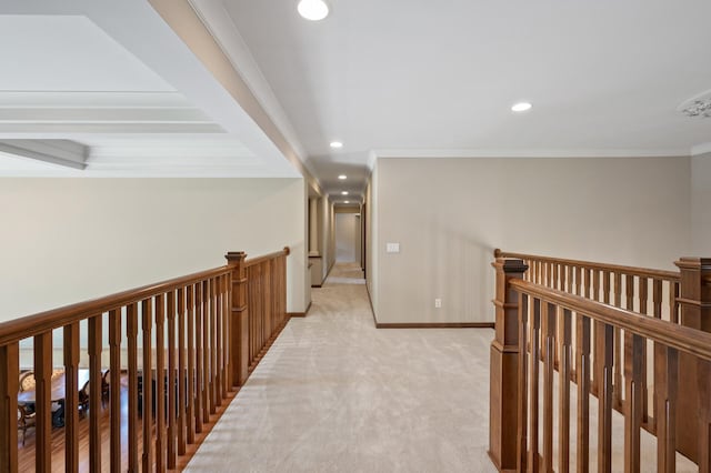 4325 Trillium Ln W, Minnetrista, MN 55364 - hall featuring an upstairs landing, light colored carpet, recessed lighting, and crown molding