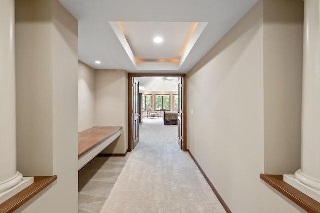 4325 Trillium Ln W, Minnetrista, MN 55364 - corridor with a tray ceiling, light carpet, and recessed lighting