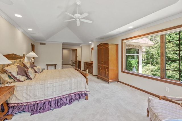 4325 Trillium Ln W, Minnetrista, MN 55364 - bedroom featuring light colored carpet, ornamental molding, recessed lighting, vaulted ceiling, and ceiling fan