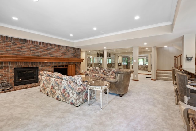 4325 Trillium Ln W, Minnetrista, MN 55364 - living area featuring a fireplace, light carpet, crown molding, stairway, and recessed lighting