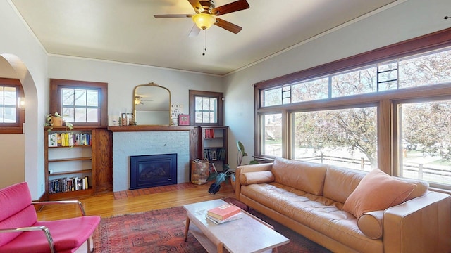 living area featuring crown molding, ceiling fan, a fireplace, arched walkways, and wood finished floors
