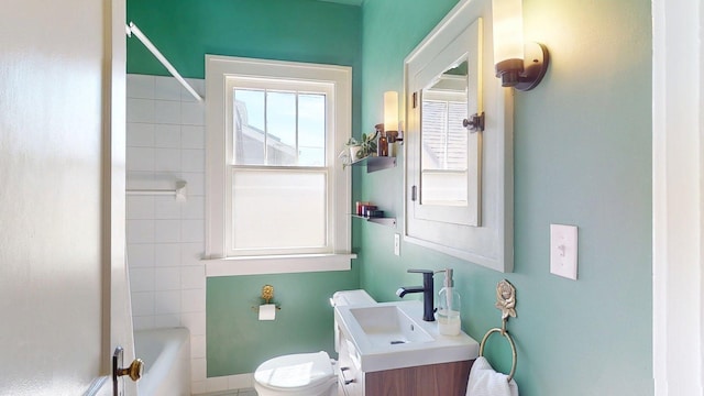 full bath with toilet, tub / shower combination, and vanity