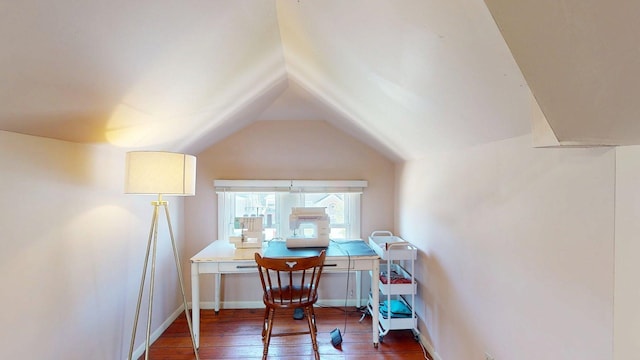 home office featuring wood-type flooring, baseboards, and lofted ceiling