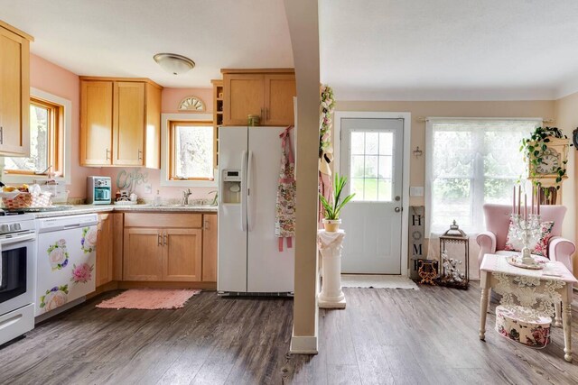 2085 Queens Ave S, Lakeland, MN 55043 - kitchen featuring light countertops, a sink, wood finished floors, and white appliances