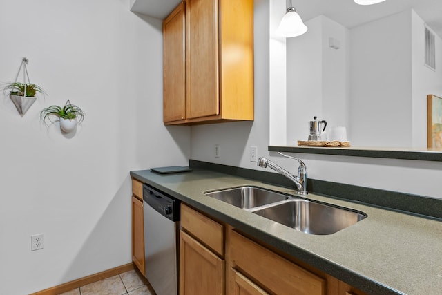 2565 Franklin Ave Unit 109, Saint Paul, MN 55114 - kitchen with stainless steel dishwasher, a sink, dark countertops, brown cabinets, and light tile patterned floors