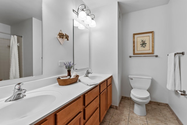 2565 Franklin Ave Unit 109, Saint Paul, MN 55114 - bathroom with toilet, baseboards, double vanity, tile patterned flooring, and a shower with shower curtain
