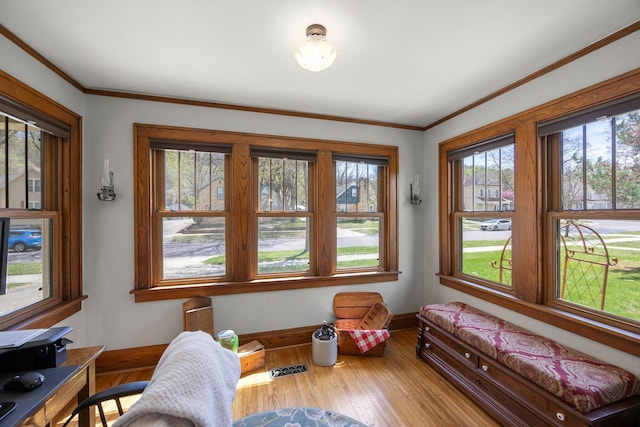 1114 6th St, Mankato, MN 56001 - living area featuring baseboards, wood finished floors, and crown molding