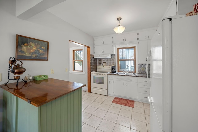 1114 6th St, Mankato, MN 56001 - kitchen with white appliances, under cabinet range hood, backsplash, a sink, and light tile patterned flooring