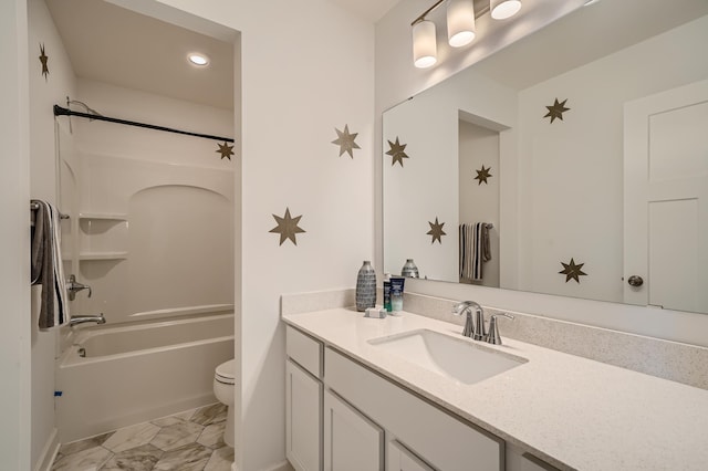2795 Downing Ave, Shakopee, MN 55379 - bathroom with vanity, toilet, bathing tub / shower combination, recessed lighting, and marble look tile flooring
