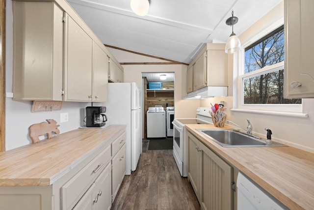 kitchen featuring lofted ceiling with beams, a sink, white appliances, independent washer and dryer, and under cabinet range hood