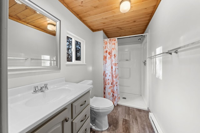 bathroom featuring wood finished floors, vanity, wood ceiling, toilet, and a shower with shower curtain