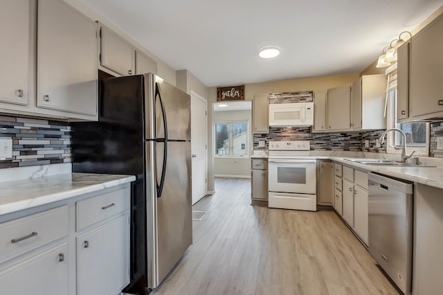 kitchen with backsplash, appliances with stainless steel finishes, a sink, and light countertops