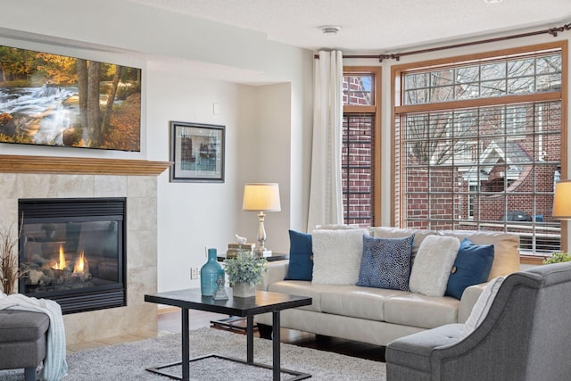 living area with a fireplace