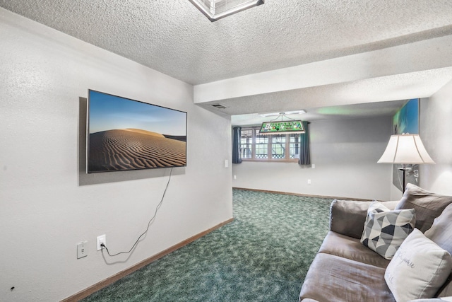 carpeted living room with baseboards, a textured ceiling, and visible vents