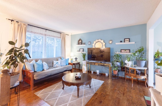 living room featuring wood finished floors and a textured ceiling