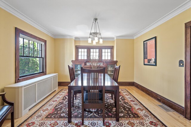 dining room featuring crown molding, an inviting chandelier, plenty of natural light, and radiator