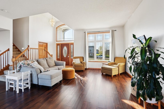 710 Rush Creek Ln, Rush City, MN 55069 - living room with stairs and dark wood-style floors