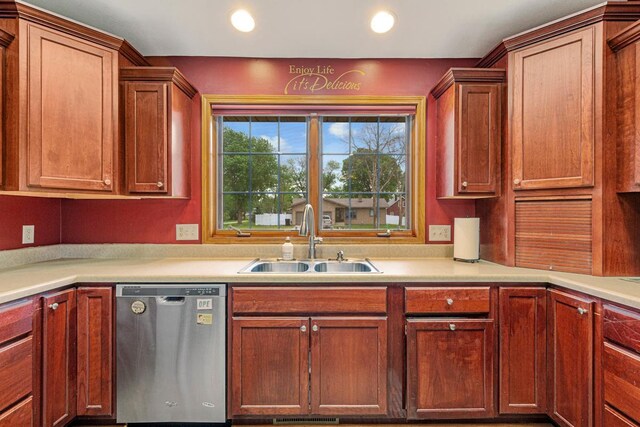 29107 Danel Ave, Randolph, MN 55065 - kitchen with stainless steel dishwasher, a sink, light countertops, and recessed lighting