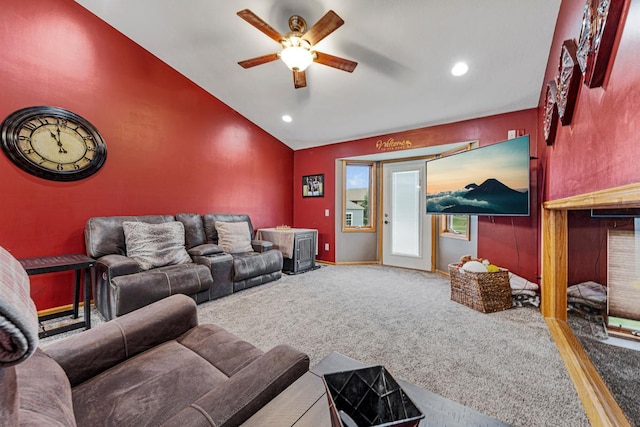29107 Danel Ave, Randolph, MN 55065 - carpeted living area with lofted ceiling, a ceiling fan, recessed lighting, and baseboards
