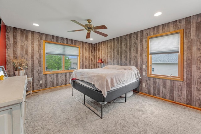 29107 Danel Ave, Randolph, MN 55065 - carpeted bedroom with baseboards, recessed lighting, a ceiling fan, and wood walls