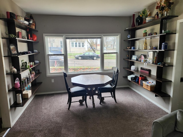 carpeted dining room featuring baseboards