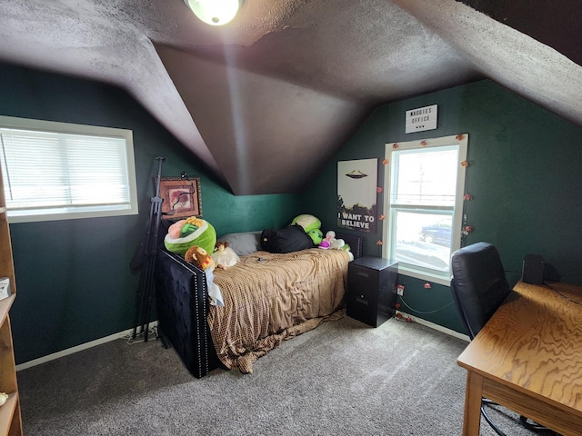 carpeted bedroom with lofted ceiling, multiple windows, a textured ceiling, and baseboards