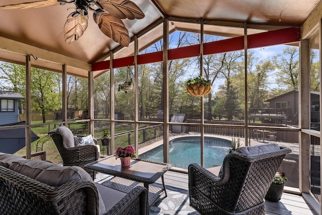 1302 Birch Dr, Hudson, WI 54016 - sunroom with ceiling fan and lofted ceiling