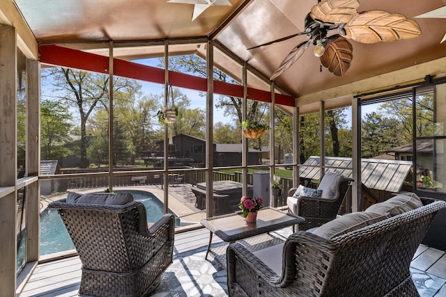 1302 Birch Dr, Hudson, WI 54016 - sunroom with ceiling fan, lofted ceiling, outdoor lounge area, and plenty of natural light