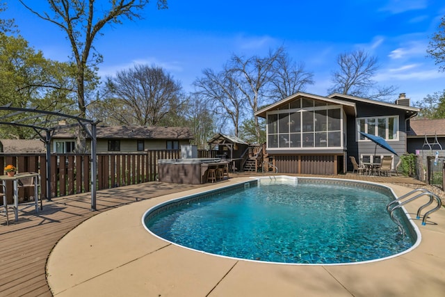 1302 Birch Dr, Hudson, WI 54016 - view of pool with a sunroom, a deck, outdoor dining area, fence, and stairs