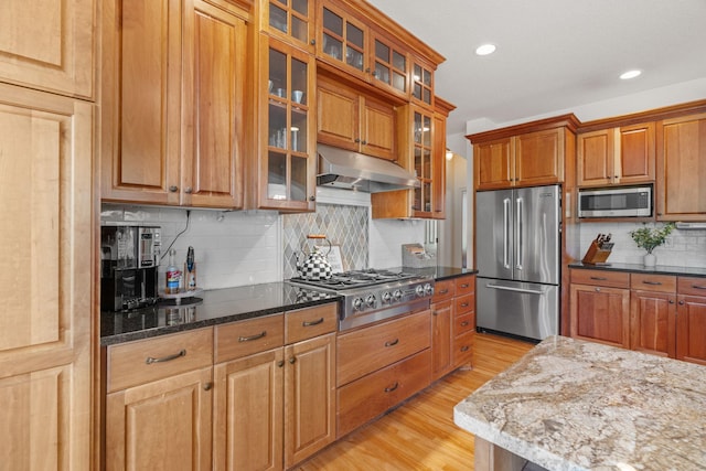 5761 Sunnybrook Ln, Minnetrista, MN 55364 - kitchen with stainless steel appliances, under cabinet range hood, light wood-style floors, dark stone countertops, and tasteful backsplash