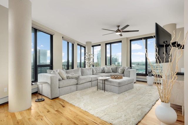1240 2nd St Unit 701, Minneapolis, MN 55415 - living room with wood finished floors, ceiling fan, and a view of city
