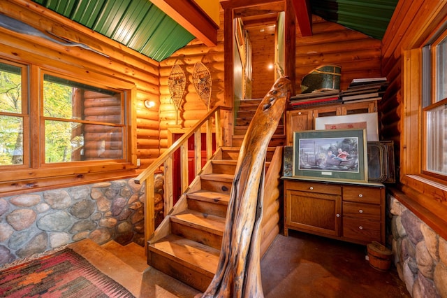 51641 Edgewater Rd, Spring Lake, MN 56680 - stairway featuring log walls and lofted ceiling