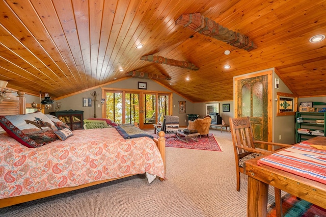 51641 Edgewater Rd, Spring Lake, MN 56680 - bedroom with wooden ceiling, lofted ceiling, carpet, and recessed lighting