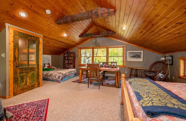 51641 Edgewater Rd, Spring Lake, MN 56680 - carpeted bedroom featuring recessed lighting, vaulted ceiling, wooden ceiling, and baseboards