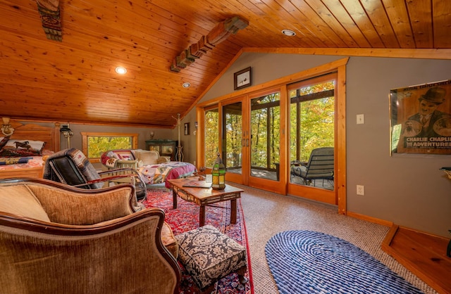 51641 Edgewater Rd, Spring Lake, MN 56680 - carpeted living area featuring french doors, wood ceiling, lofted ceiling, and baseboards